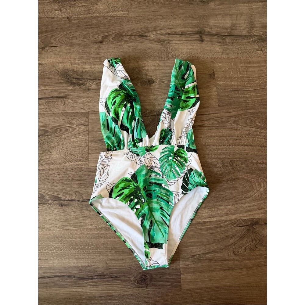 Cupshe White One-Piece Swimsuit with Green Tropical Leaf Print